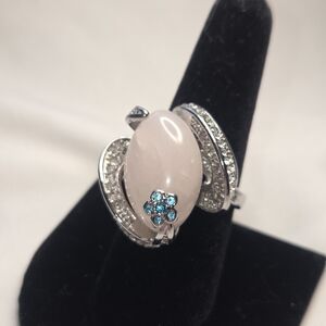 Galilea Rose Quartz, Blue & White Austrian Crystal Ring in Stainless Steel